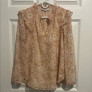 LOFT Beige and Gold Floral Blouse Small Ruffles